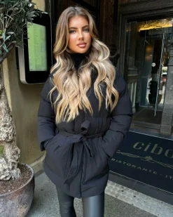 Arabella Hooded Short Padded Tie Waist Coat- Black