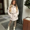 Arabella Hooded Short Padded Tie Waist Coat- Beige