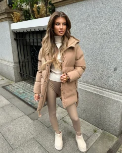 Arabella Hooded Short Padded Tie Waist Coat- Camel