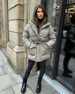 Arabella Hooded Short Padded Tie Waist Coat- Khaki