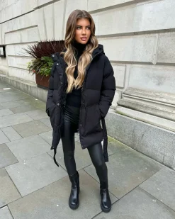 Arabella Hooded Short Padded Tie Waist Coat- Black