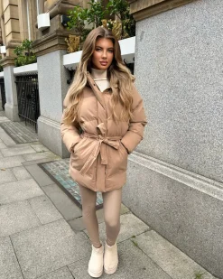 Arabella Hooded Short Padded Tie Waist Coat- Camel