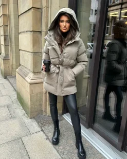 Arabella Hooded Short Padded Tie Waist Coat- Khaki