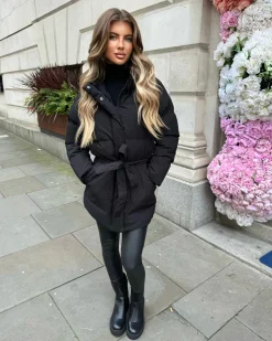 Arabella Hooded Short Padded Tie Waist Coat- Black