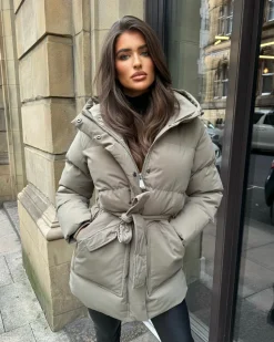 Arabella Hooded Short Padded Tie Waist Coat- Khaki