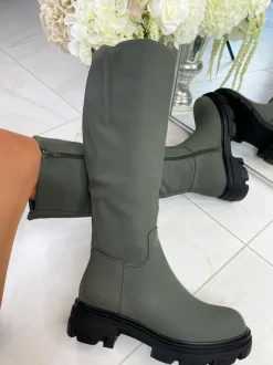 Aria Rubberised Knee High Boot - Olive