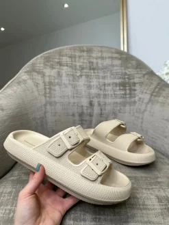 Ariana Double Strap Textured Slider - Beige