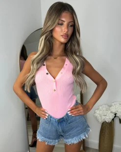 Aurora Button V Neck Bodysuit - Baby Pink
