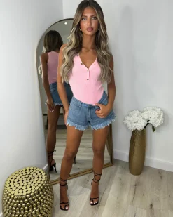 Aurora Button V Neck Bodysuit - Baby Pink