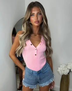 Aurora Button V Neck Bodysuit - Baby Pink