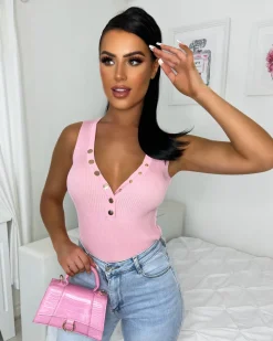 Aurora Button V Neck Bodysuit - Baby Pink