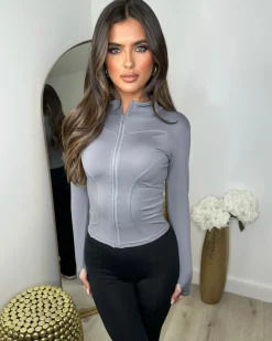 Blair Long Sleeve Zip Front Gym Style Jacket- Charcoal Grey
