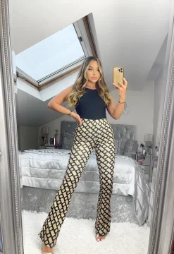 Britt Chain Print Flared Trousers - Beige