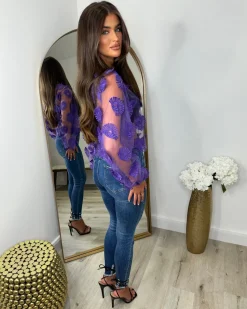 Callie Mesh Daisy Print Top - Purple