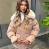 Camille Short Faux Fur Trim Puffer Coat- Camel