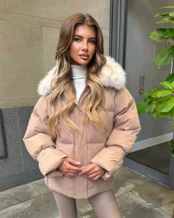 Camille Short Faux Fur Trim Puffer Coat- Camel