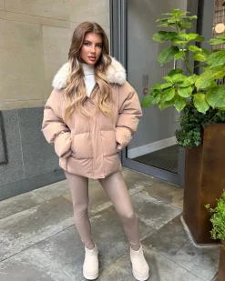 Camille Short Faux Fur Trim Puffer Coat- Camel