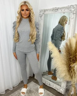 Carly Ribbed Puff Sleeve Lounge Set - Grey