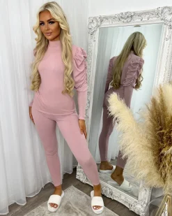 Carly Ribbed Puff Sleeve Lounge Set - Light Pink