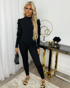 Carly Ribbed Puff Sleeve Lounge Set - Black