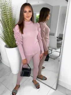 Carly Ribbed Puff Sleeve Lounge Set - Light Pink