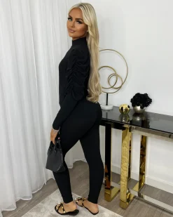 Carly Ribbed Puff Sleeve Lounge Set - Black