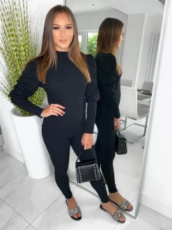 Carly Ribbed Puff Sleeve Lounge Set - Black