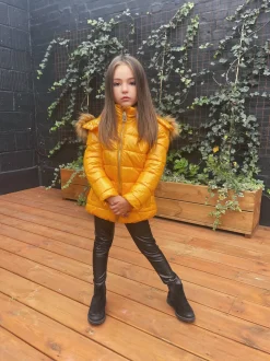 Chloe Metallic Kids Coat with Hood - Mustard