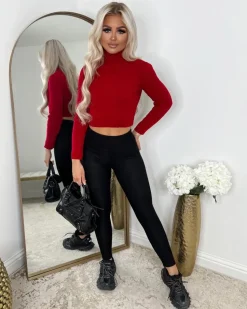Claire Cropped Polo Neck Jumper - Red