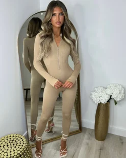 Coco Ribbed Zip front Jumpsuit- Camel