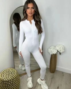 Coco Ribbed Zip front Jumpsuit- White