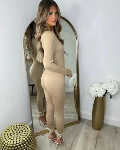 Coco Ribbed Zip front Jumpsuit- Camel