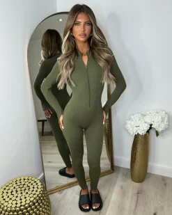 Coco Ribbed Zip front Jumpsuit- Khaki