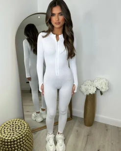 Coco Ribbed Zip front Jumpsuit- White