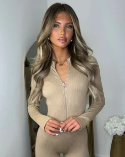 Coco Ribbed Zip front Jumpsuit- Camel