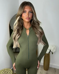 Coco Ribbed Zip front Jumpsuit- Khaki