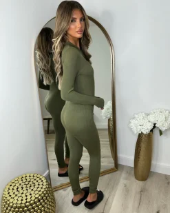 Coco Ribbed Zip front Jumpsuit- Khaki