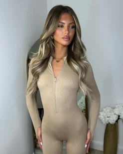Coco Ribbed Zip front Jumpsuit- Camel