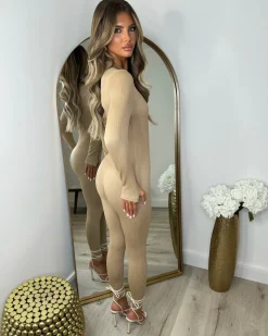 Coco Ribbed Zip front Jumpsuit- Camel