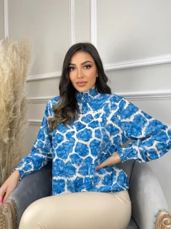 Dempsy High Neck Patterned Blouse - Sky Blue