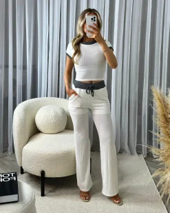 Edie Soft Ribbed Contrast Short Sleeve Top & Trouser Set - White/Charcoal Grey