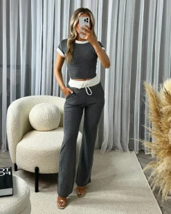 Edie Soft Ribbed Contrast Short Sleeve Top & Trouser Set - Charcoal Grey/White