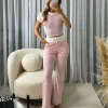 Edie Soft Ribbed Contrast Short Sleeve Top & Trouser Set - Baby Pink/White