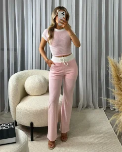 Edie Soft Ribbed Contrast Short Sleeve Top & Trouser Set - Baby Pink/White