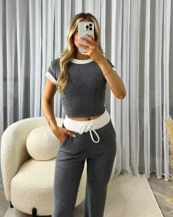 Edie Soft Ribbed Contrast Short Sleeve Top & Trouser Set - Charcoal Grey/White