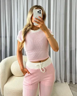 Edie Soft Ribbed Contrast Short Sleeve Top & Trouser Set - Baby Pink/White