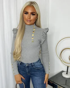 Elara Gold Button Frill Jumper - Grey