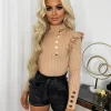 Elara Gold Button Frill Jumper - Camel