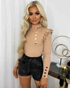 Elara Gold Button Frill Jumper - Camel