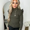 Elara Gold Button Frill Jumper - Khaki